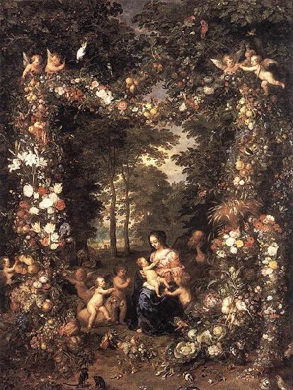 Jan Brueghel The Elder Heilige Familie in einem Blumen und Fruchtekranz oil painting picture